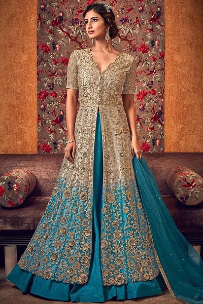 Ombre Pattern Blue And Gold Indian Ethnic Gown