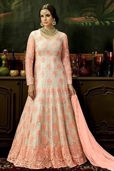 Peach And White Designer Ethnic Gown For Women