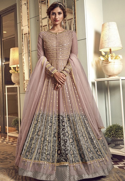 Salmon Pink Printed Net Anarkali Gown Style