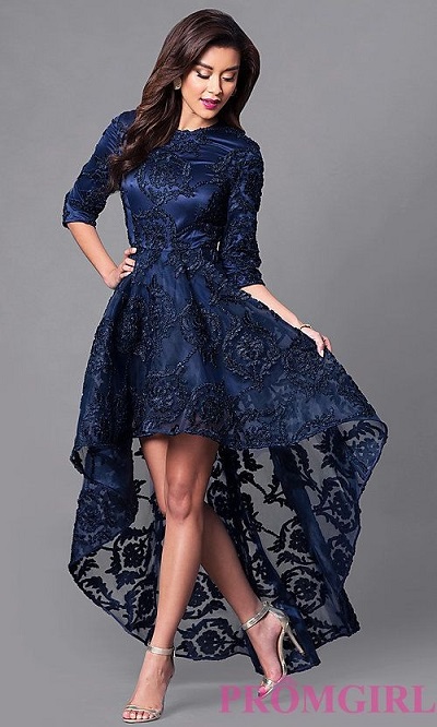 Satin And Lace High-Low Pattern Evening Dress Design