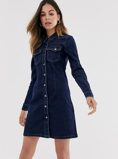 Short Denim A line full sleeves Dress with button placket