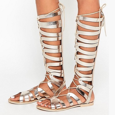 Silver Strappy Long Sandals For Women