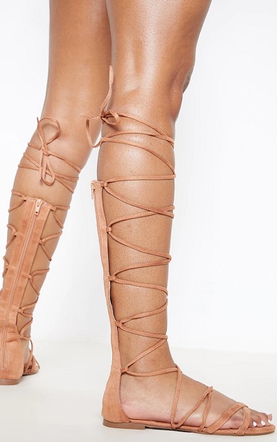 Skin Colored Zip Closure And Lace Up Sandal Style