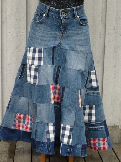 Stylish A Line Patch Work Denim Skirt Design