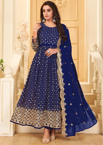 Stylish Deep Blue Mirror Embellished Anarkali Gown
