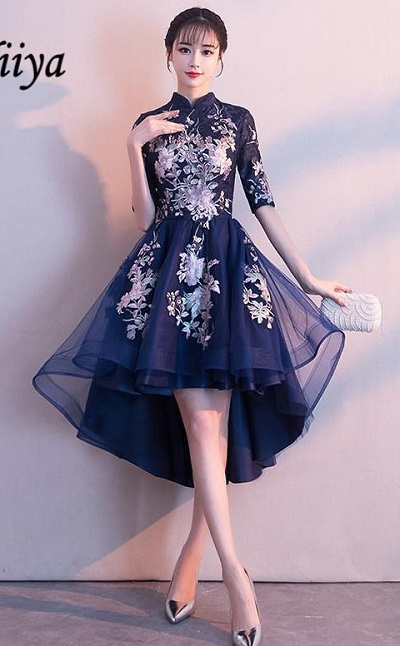 Stylish High Low Pattern Net Fabric Embroidered Cocktail Dress