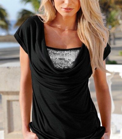 Stylish black cowl top with short sleeves and inner