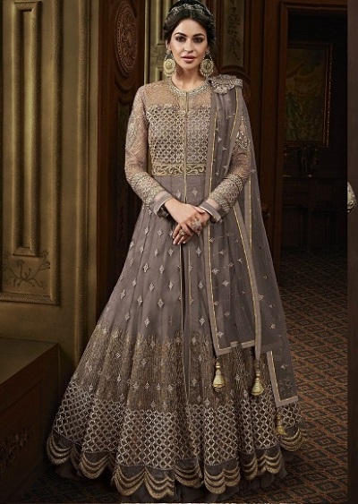 Stylish full flared Patchwork lavender Anarkali gown