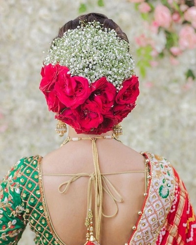 White flower and rose flower gorgeous hairstyle for lehenga