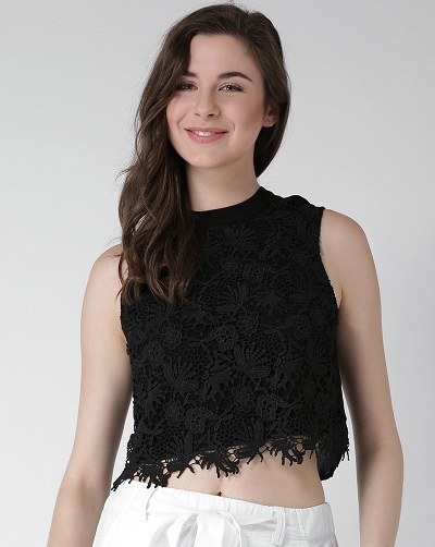 Black sleeveless lace fabric crop top design