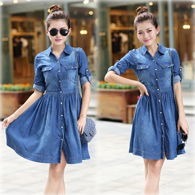 Collared Denim shirt dress with fit and flare style