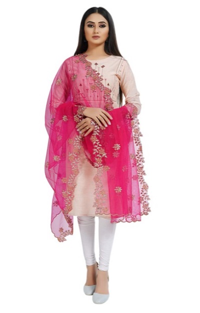 Dark pink net floral embroidered pink dupatta