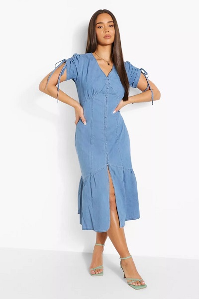 Fit and flare style Denim dress with V neck