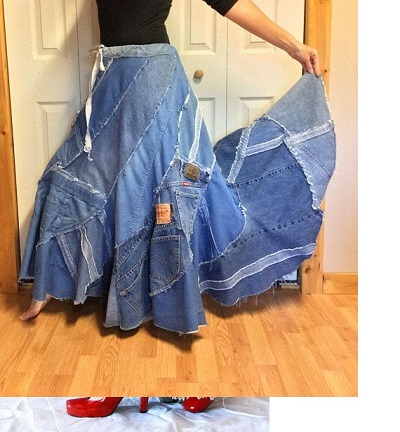 Full Maxi Style Denim Skirt With Patch Work