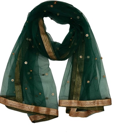 Green net embellished and sequin studded dupatta