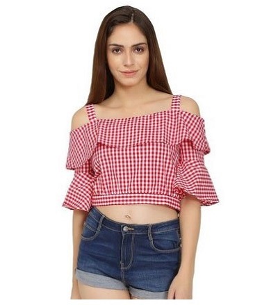 Layered shoulder ladies cropped top with shirring