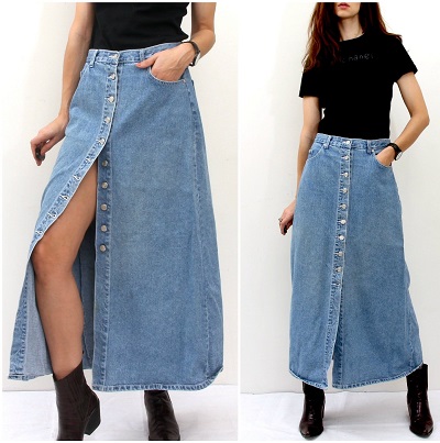 Long Length A-Line Denim skirt With Front Buttons