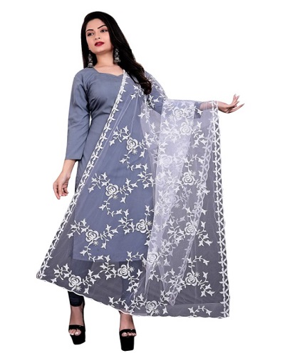 White floral embroidered party wear Dupatta design
