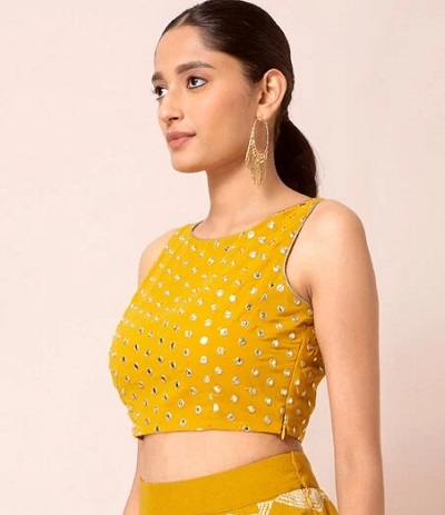 Yellow mirror embellished sleeveless Indian crop top blouse