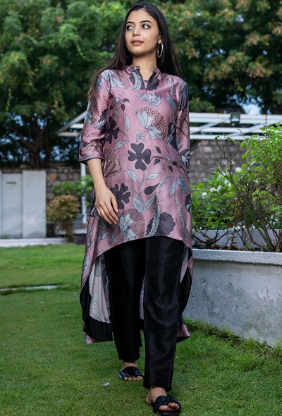 A-Line Printed Satin Kurta With Trousers