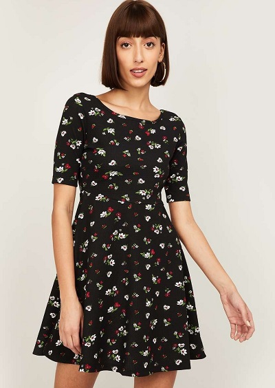 Black Printed Fitted Fit and Flare Dress