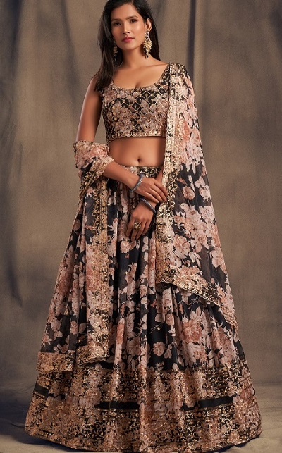 Black and white floral printed lehenga with sleeveless blouse