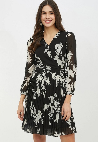 Black floral printed wrap dress for women