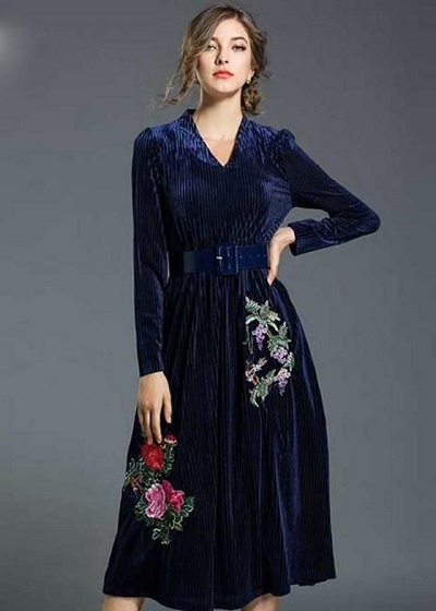 Blue Embroidered Velvet Dress Design