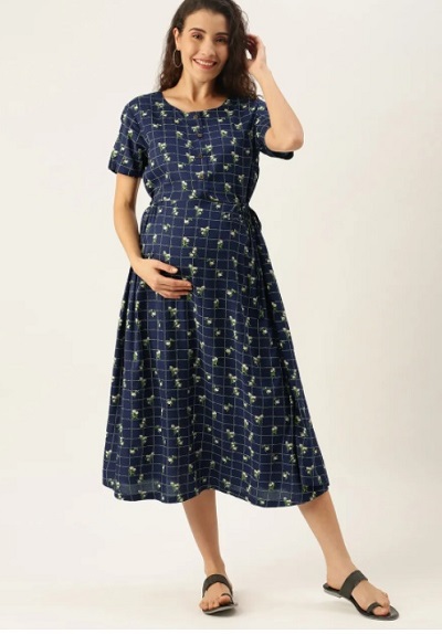 Blue Floral Printed Material Maternity Dress