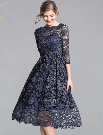 Blue Knee Length Lace Dress Pattern