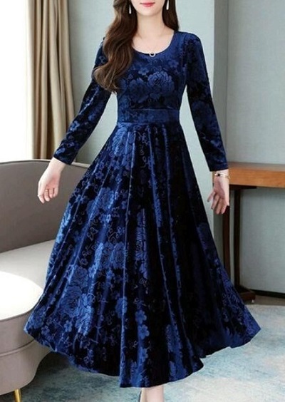 Blue Velvet Fit And Flare Long Dress