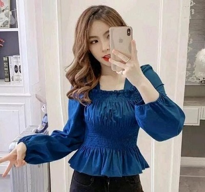 Blue smocked top for women