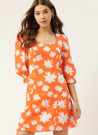Daisy printed Vibrant Orange floral dress