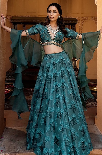 Designer blue floral print lehenga with Ruffle dupatta