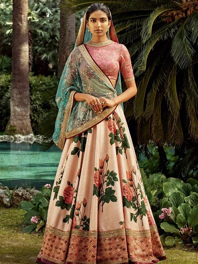 Floral printed lehenga with blue Dupatta set