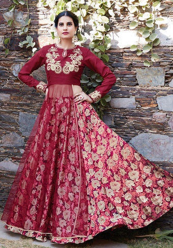 Floral printed red lehenga with layered blous