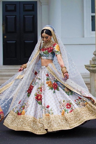 Floral printed white bridal lehenga design