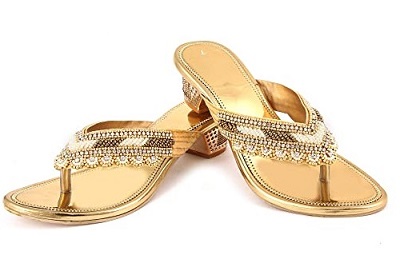 Golden Thong Sandals With Short Heel