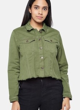 Green shirt style denim jacket for ladies
