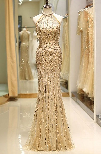 Halter Style Golden Evening Gown