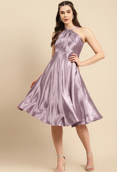 Halter Neck Fit And Flare Satin Dress For Ladies