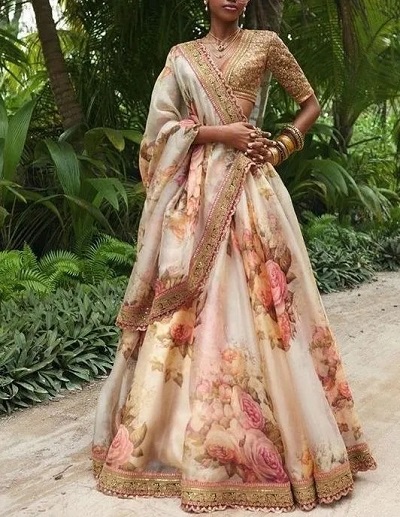 Heavy Bridal organza floral print lehenga with blouse