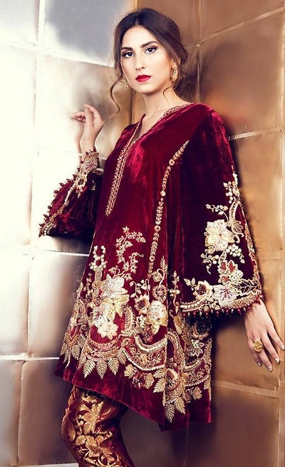 Heavy Embellished Velvet Maroon Kurta Design