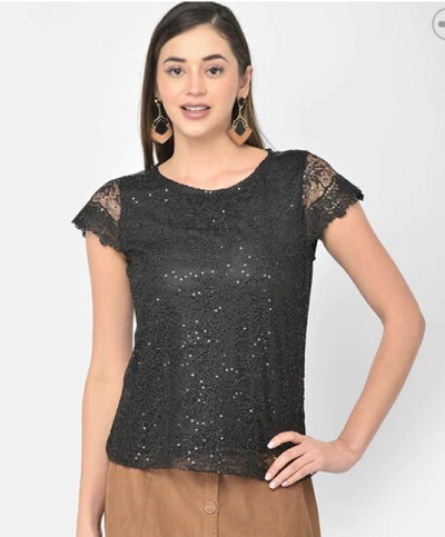 Lace fabric black sequin studded top