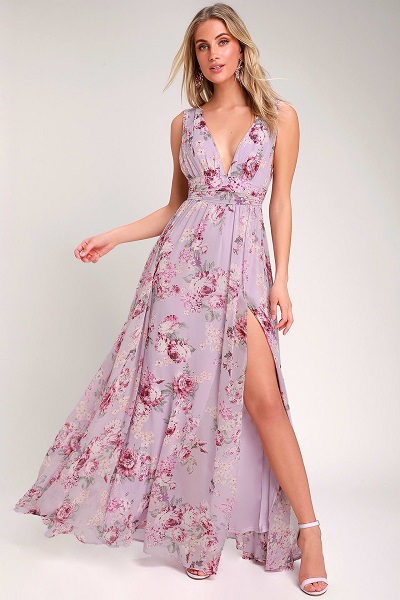 Lavender high slit plunging neckline floral print dress