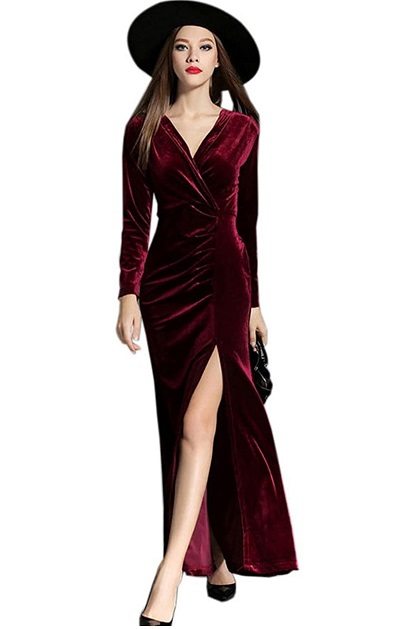 Long Side Slit Velvet Dress Design