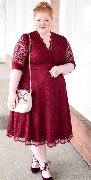 Maroon Lace Fabric Empire Dress For Plus Size