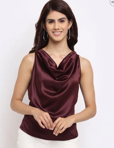 Maroon cowl neck sleeveless top for parties