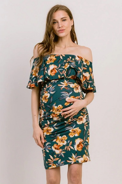 Off Shoulder Sheath Floral Printed Maternity Dress