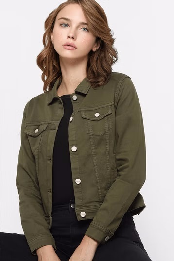 Olive green regular denim jacket for women